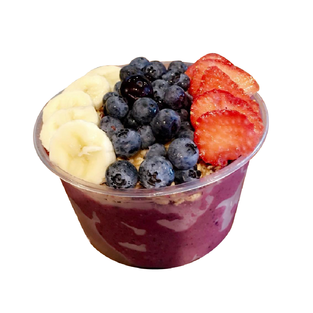 A smoothie bowl with blueberries bananas and strawberries from farm fresh