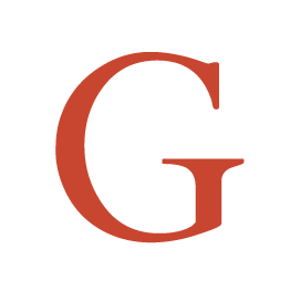 A red letter g on a white background