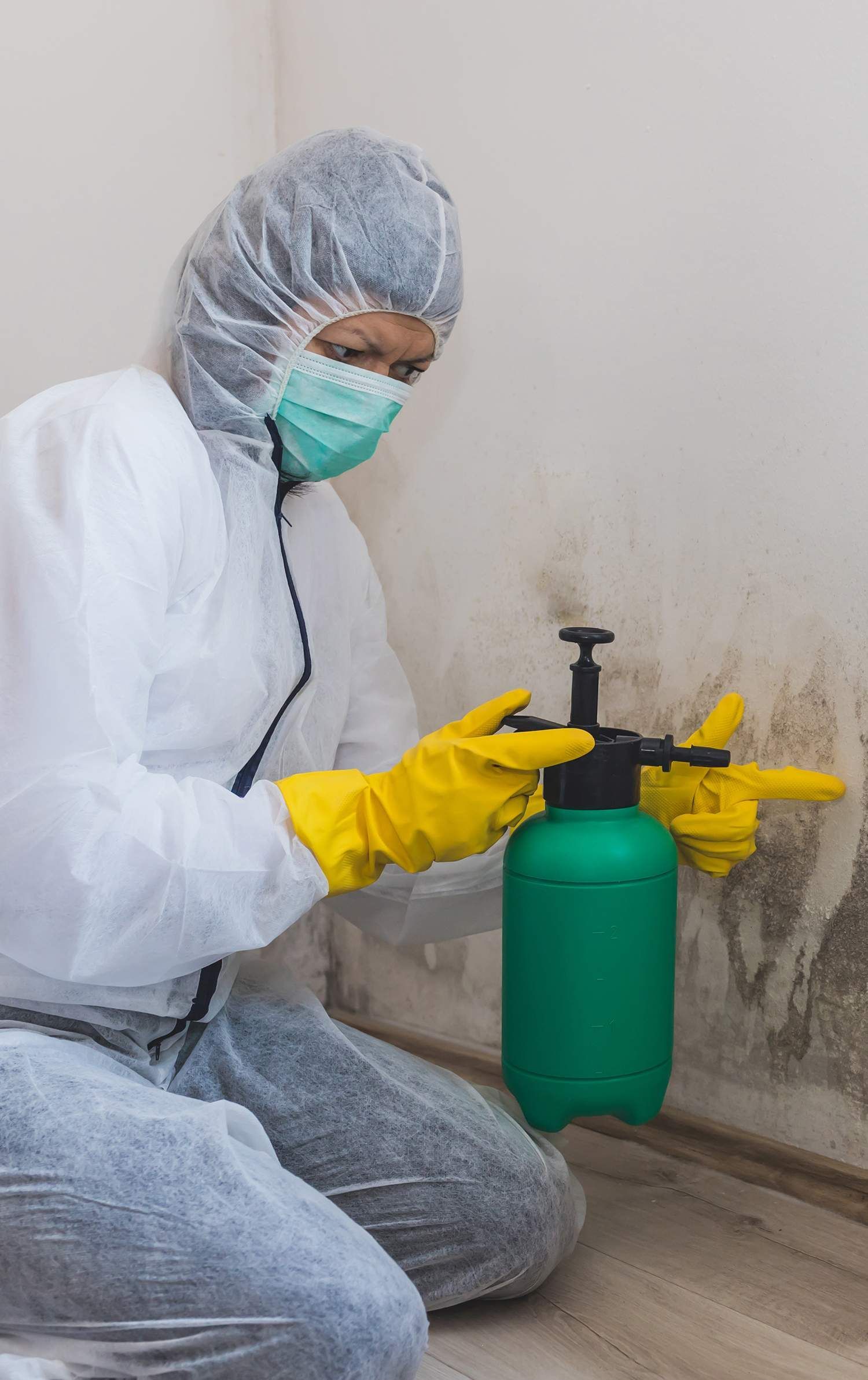 Person in hazmat suit spraying mold on a wall corner.