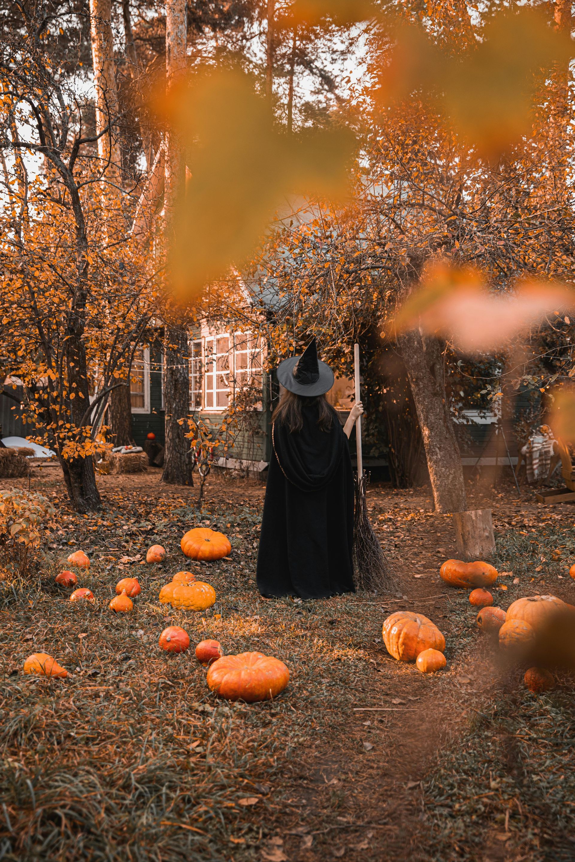 Witch in black cloak and hat in a pumpkin patch with orange leaves.