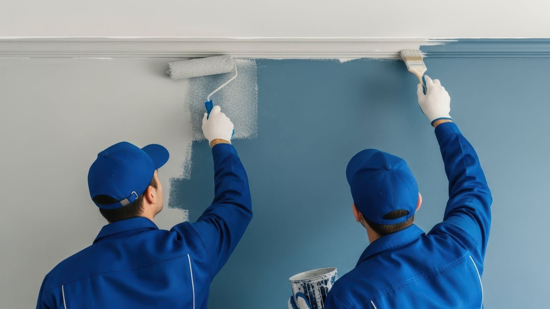 Two painters in blue uniforms applying white paint on a blue wall.