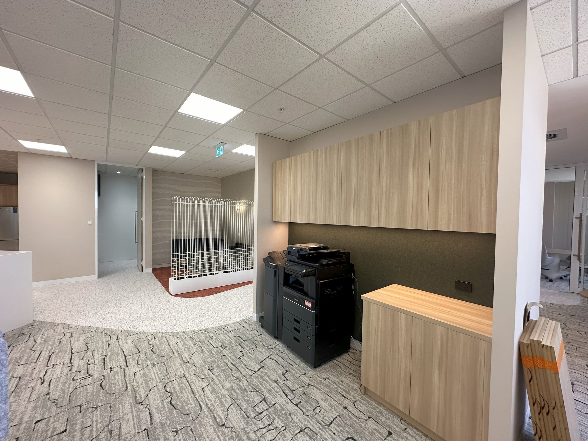 Office interior with a printer, cabinets, and patterned carpet.