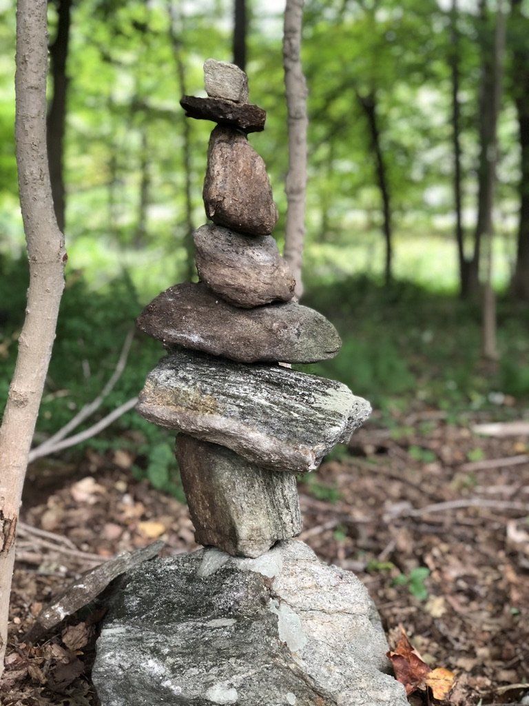 A pile of rocks stacked on top of each other in the woods.