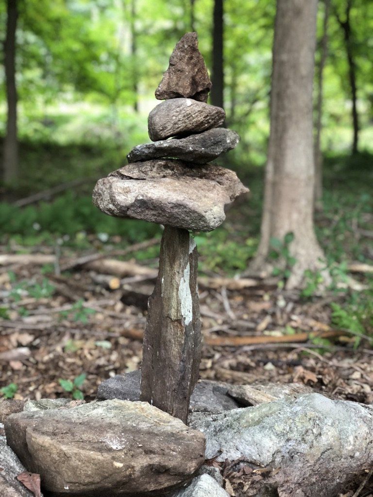 A pile of rocks stacked on top of each other in the woods.