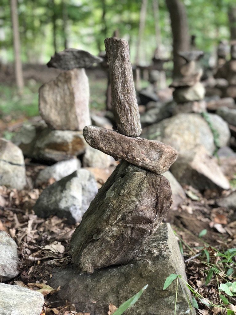 A pile of rocks stacked on top of each other in the woods.