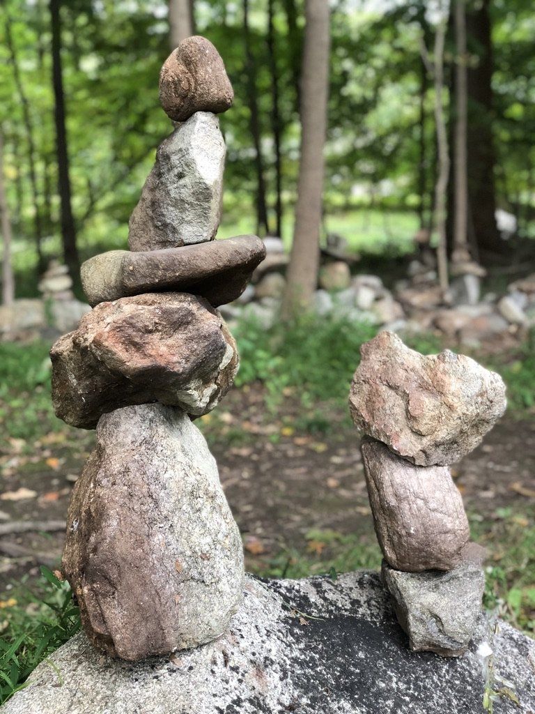 A pile of rocks stacked on top of each other in the woods.