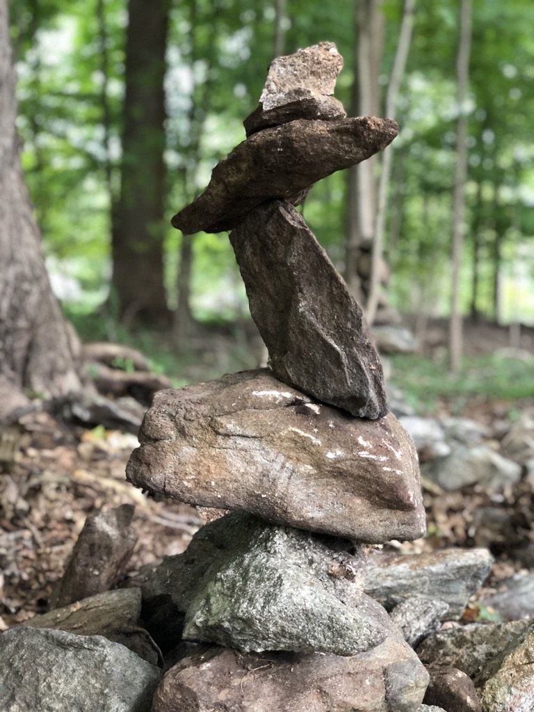 A pile of rocks stacked on top of each other in the woods.