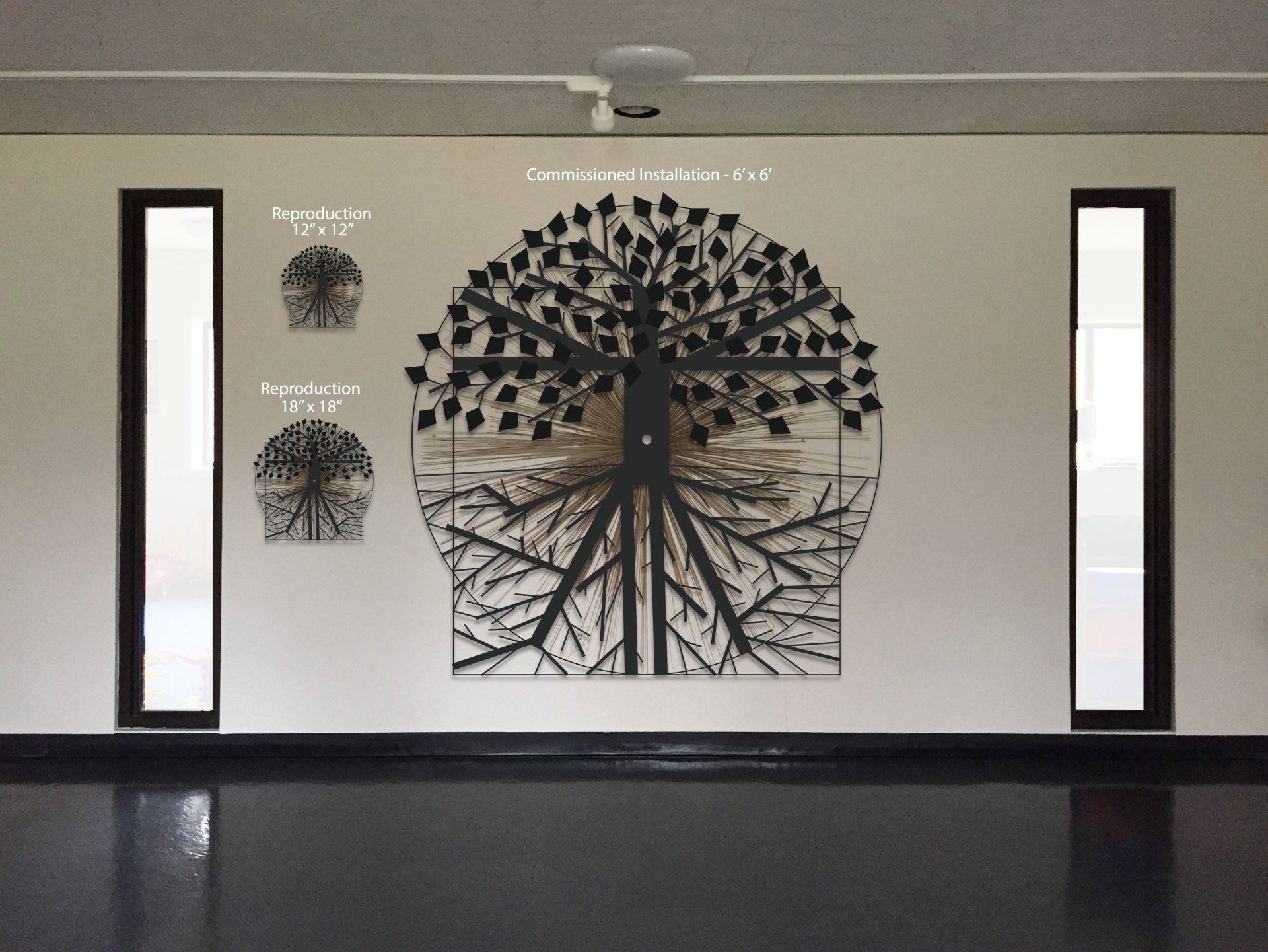 A wall with a drawing of a tree on it