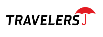 TRAVELERS logo in black with a red umbrella over the final letter