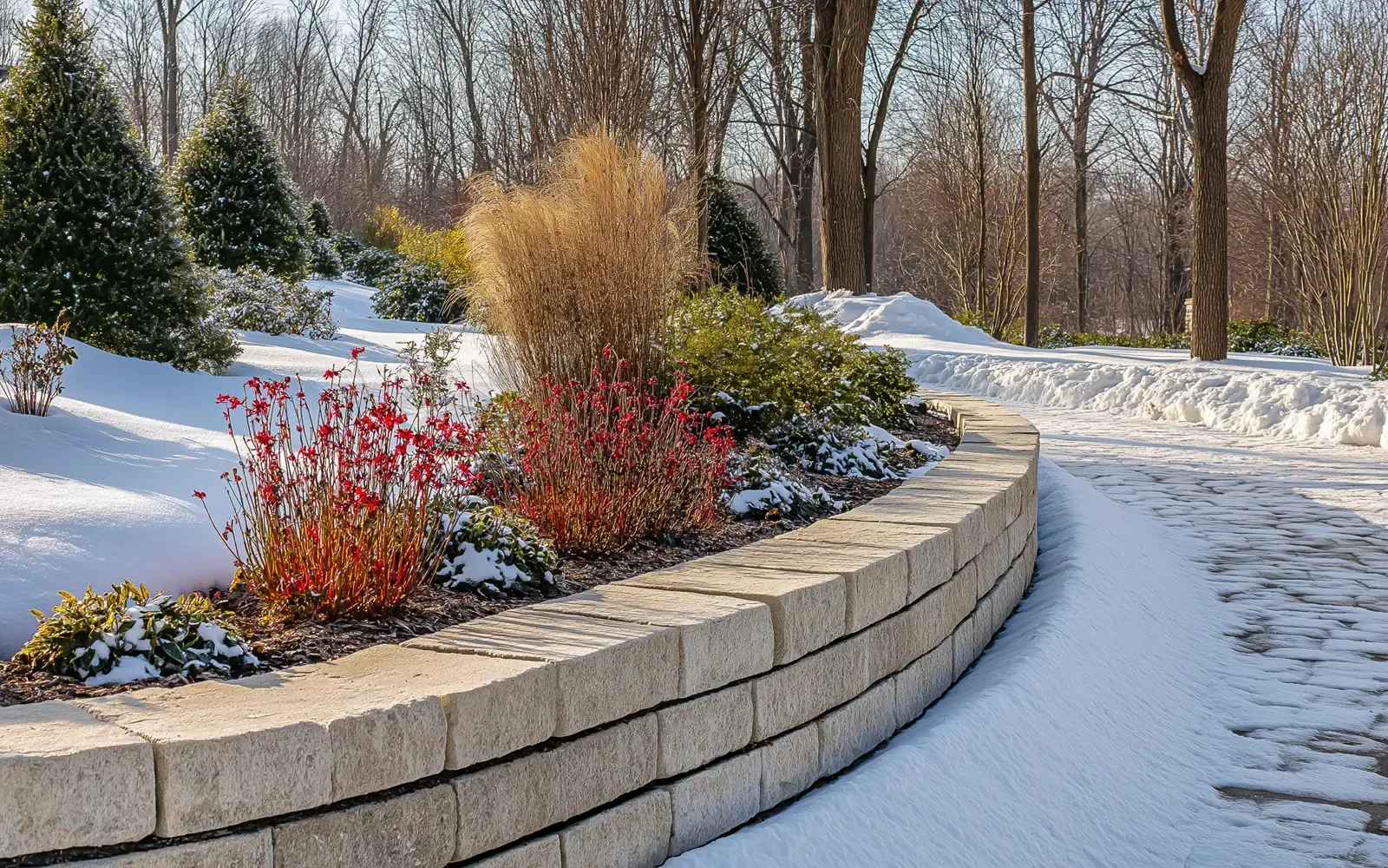 Snow-covered landscape with a stone retaining wall and winter foliage.