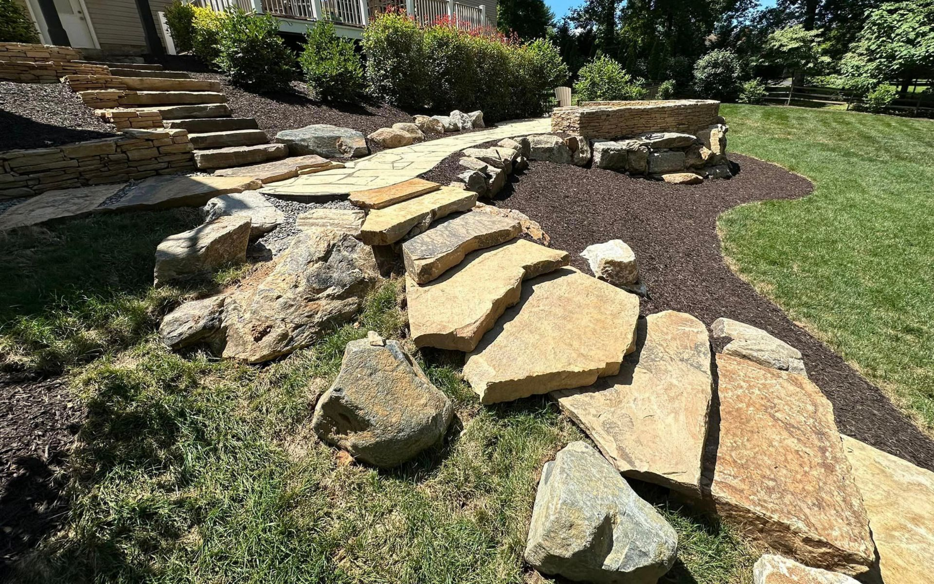 Stone pathway and stairs winding through a landscaped yard with green grass and mulch. 