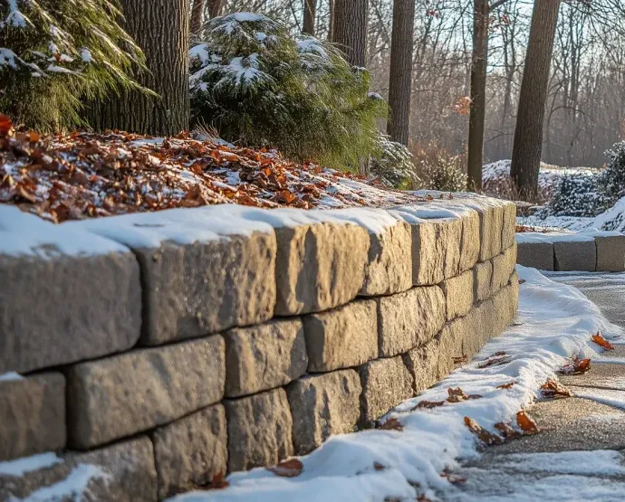 Snow-covered retaining wall and stone path in a winter landscape with trees.