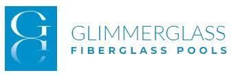 The logo for glimmerglass fiberglass pools is blue and white.