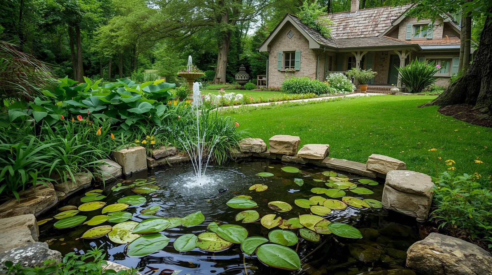 A stone-lined pond with water fountain and lily pads, in front of a cottage with green lawn.