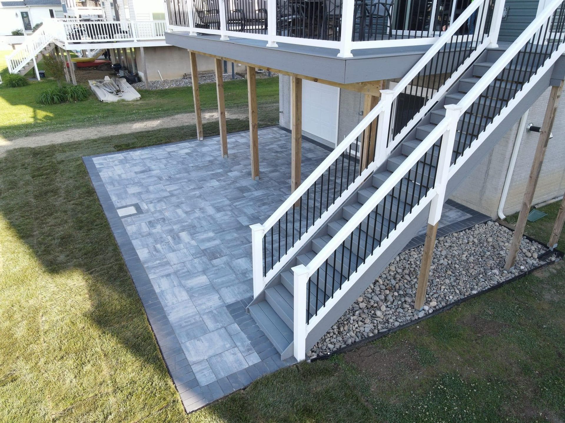 An aerial view of a deck with stairs leading up to it.
