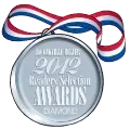 A silver medal with a red , white and blue ribbon on a white background.