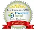 A seal that says `` best business of 2022 three best rated '' with a red ribbon.
