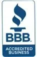 A blue and white bbb accredited business logo on a white background.