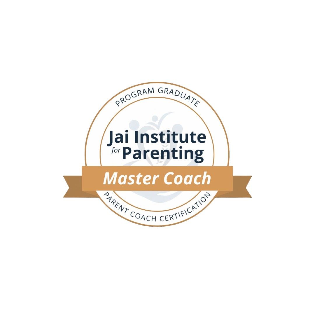 Insignă de certificare „Master Coach” a Institutului Jai pentru Parenting, cu panglică aurie și sigiliu circular