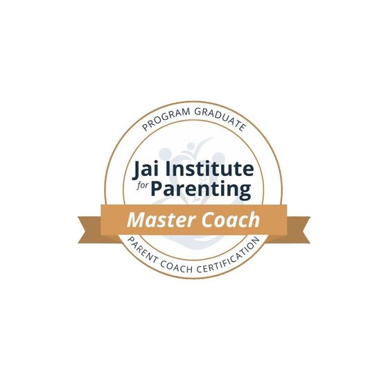 Insignă de certificare „Master Coach” a Institutului Jai pentru Parenting, cu panglică aurie și sigiliu circular