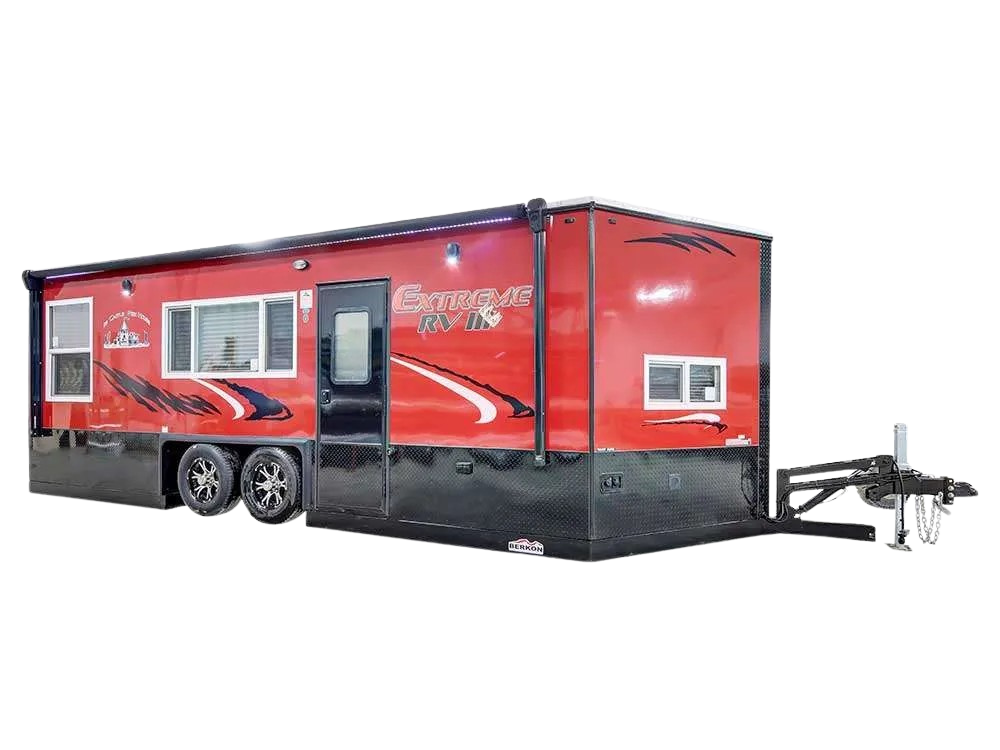 Red fishouse  with white windows, black base, logo