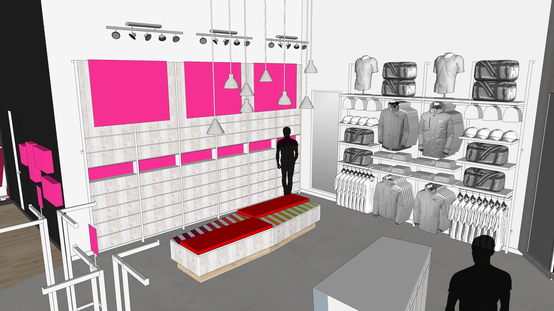 An artist 's impression of a clothing store with a man standing in the middle.