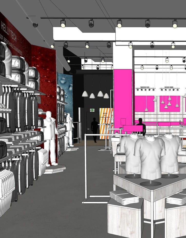 A 3d rendering of a clothing store with mannequins