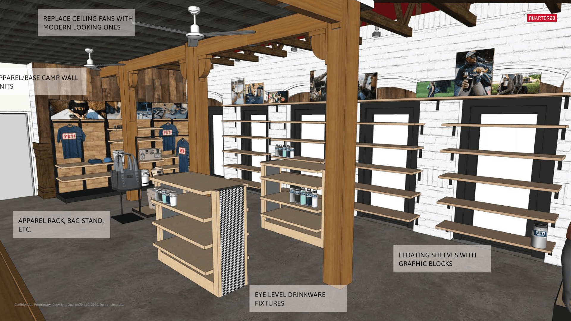 A computer generated image of a store with shelves and a ceiling fan.