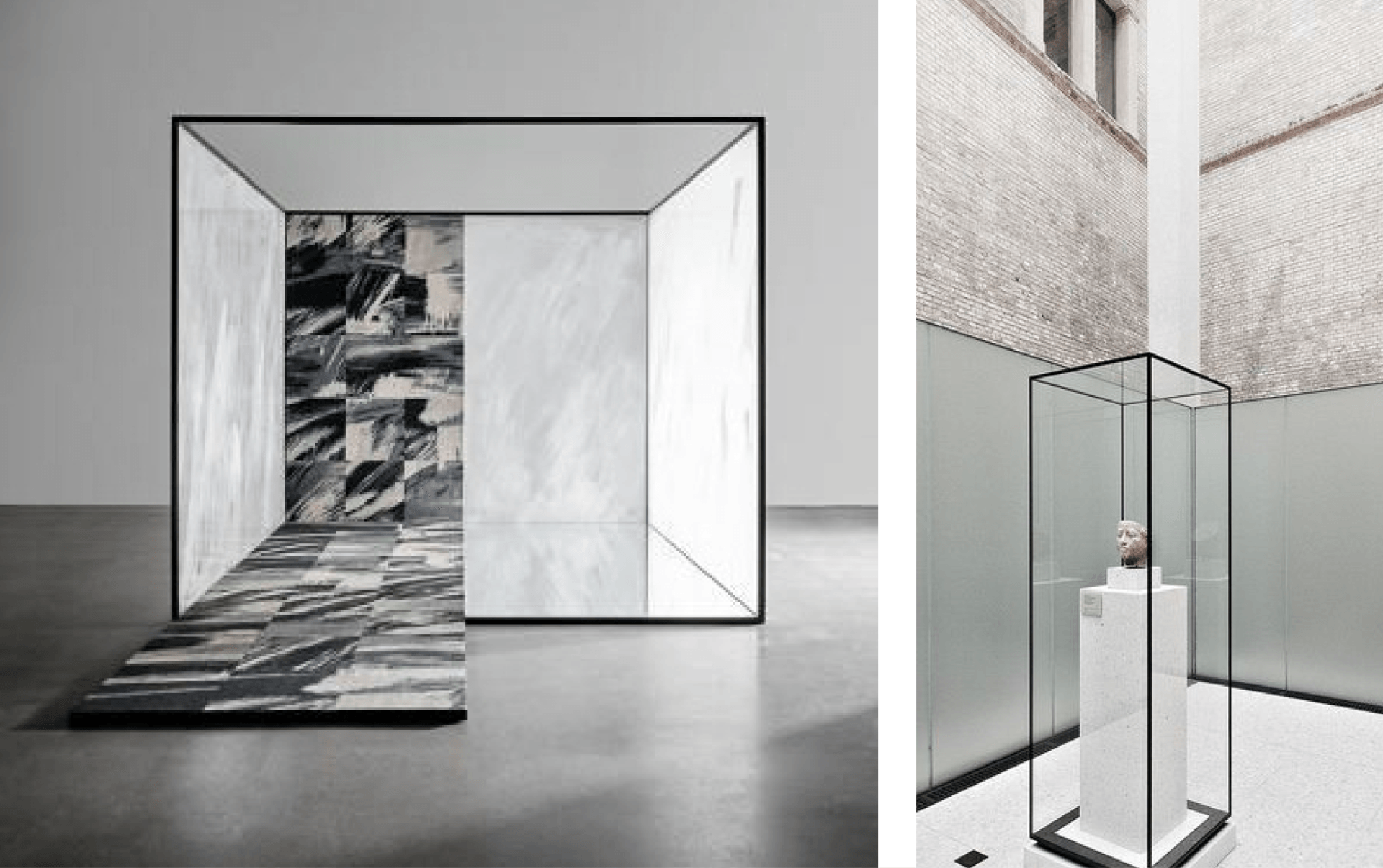 A black and white photo of a sculpture in a room.