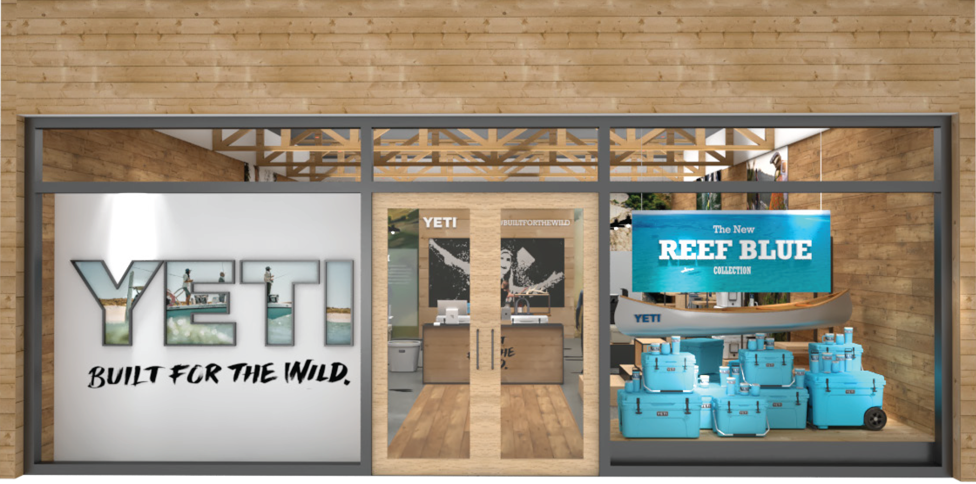 A yeti store with a sign that says reef blue