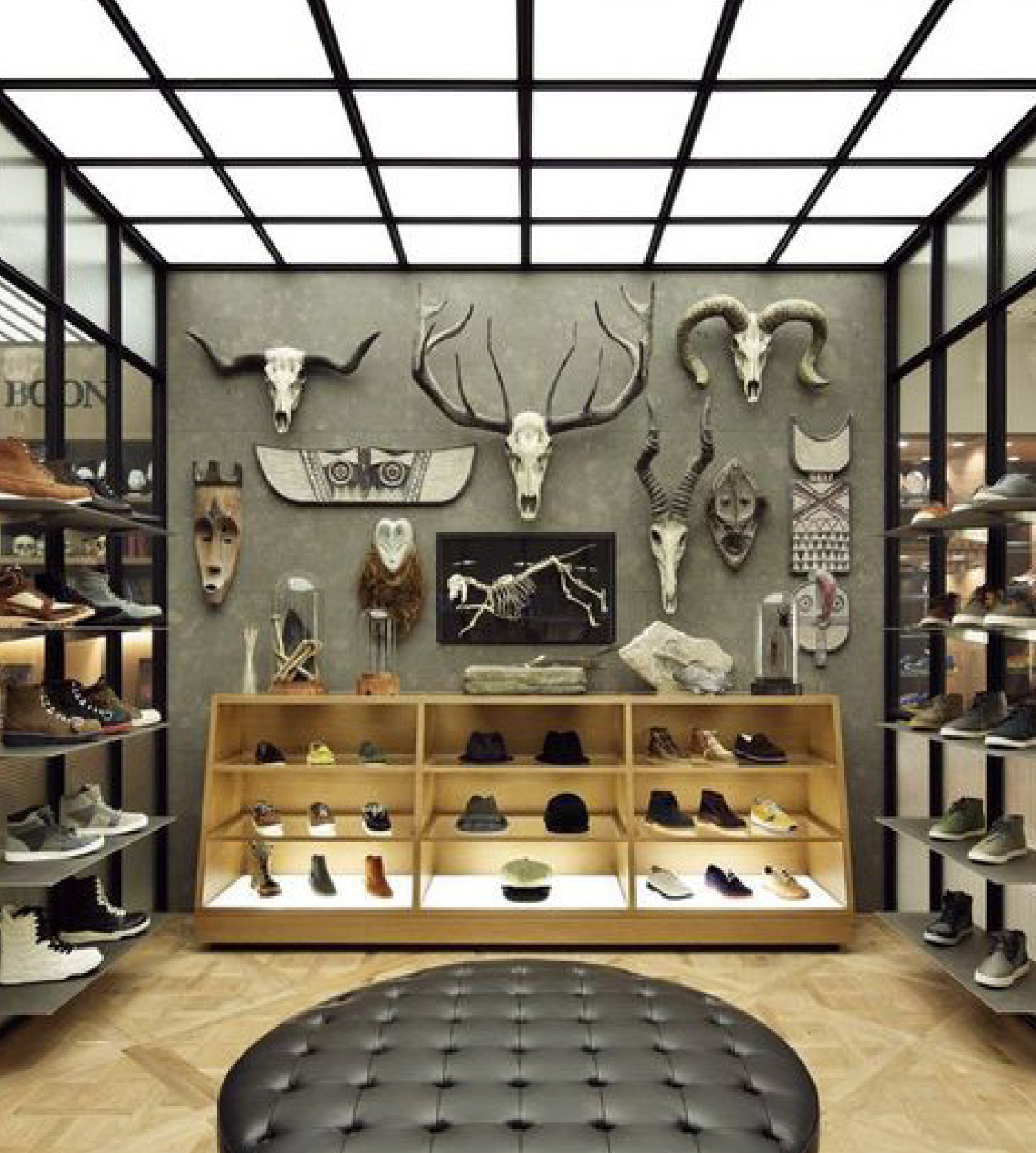 A shoe store with skulls and masks on the wall