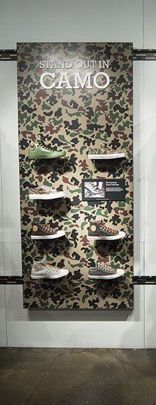 A wall with a camouflage pattern and a display of shoes on it.