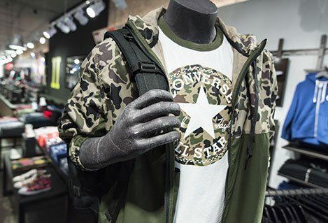 A mannequin is wearing a camouflage jacket and holding a backpack.