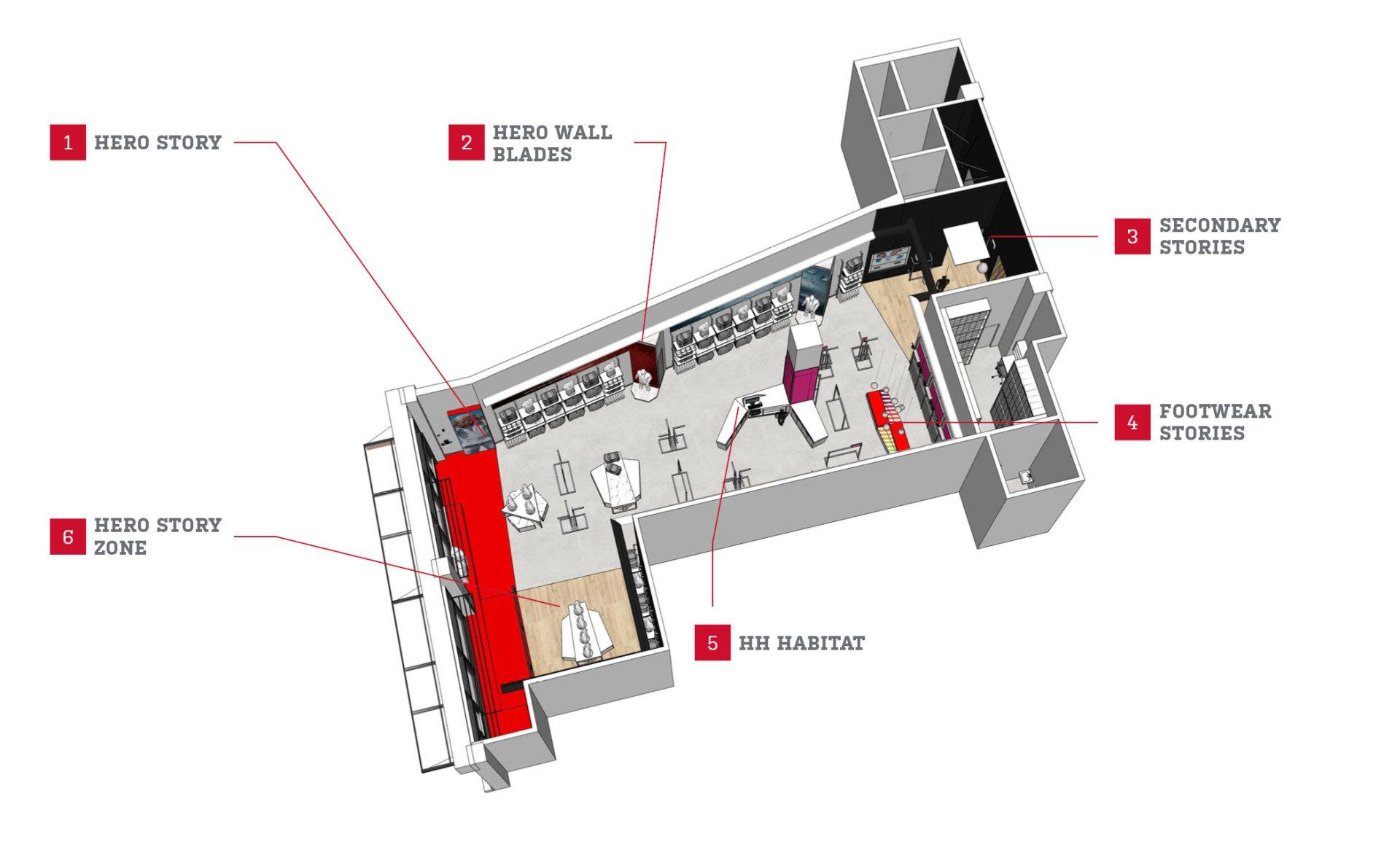 A 3d floor plan of a building with a red carpet.