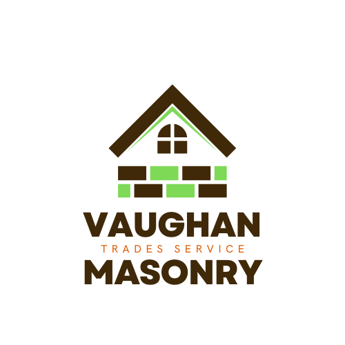 Vaughan Masonry Company Logo oh house with green and brown bricks with text that says Vaughan Masonry and trades services