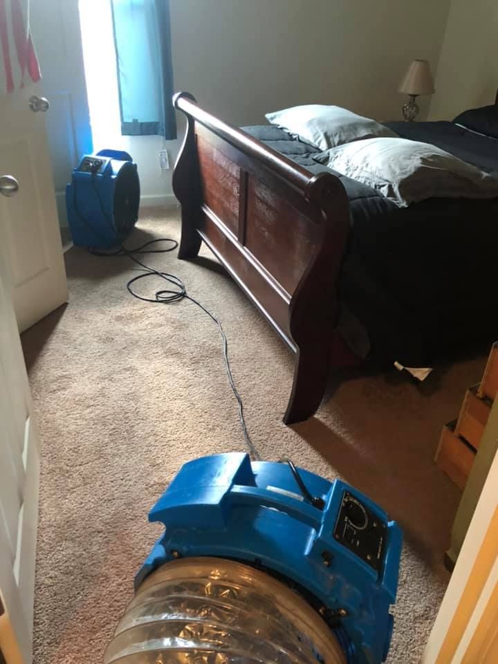 A bedroom with a sleigh bed and a vacuum on the floor