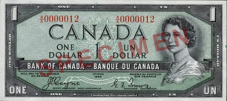 Cropped version of 1984,0023,00110,000,a1,2d0082.jpg, from Canada, Bank of Canada, 1 dollar : 1954 at the National currency Museum of the Bank of Canada.
Author Bank of Canada.