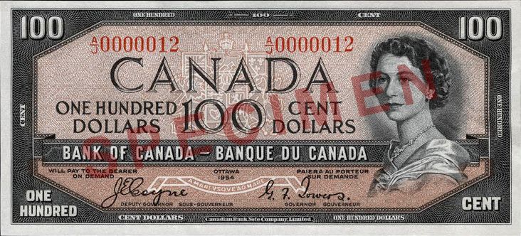 Cropped version of 1984,0023,00134,000,a1,2d0082.jpg, from Canada, Bank of Canada, 100 dollars : 1954 at the National currency Museum of the Bank of Canada.
Author Bank of Canada.