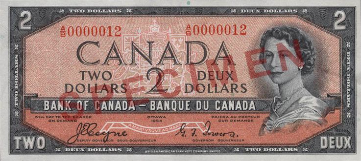 Obverse of $2 banknote, Canada 1954 Series,