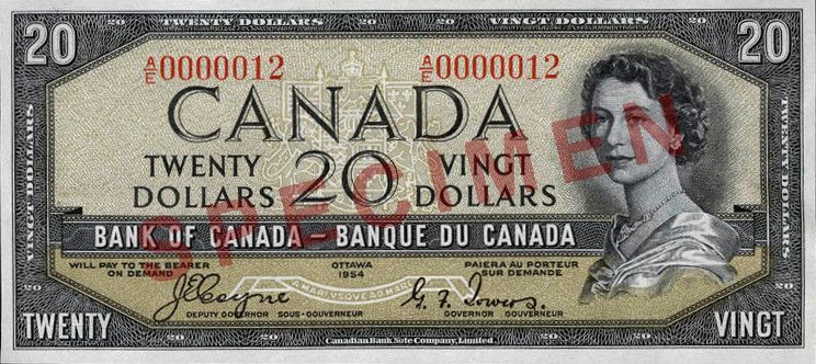 Cropped version of 1984,0023,00126,000,a1,2d0082.jpg, from Canada, Bank of Canada, 20 dollars : 1954 at the National currency Museum of the Bank of Canada.
Author Bank of Canada.