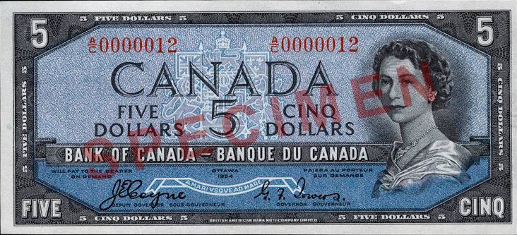 Cropped version of 1984,0023,00117,000,a1,2d0082.jpg, from Canada, Bank of Canada, 5 dollars : 1954 at the National currency Museum of the Bank of Canada.
Author Bank of Canada.