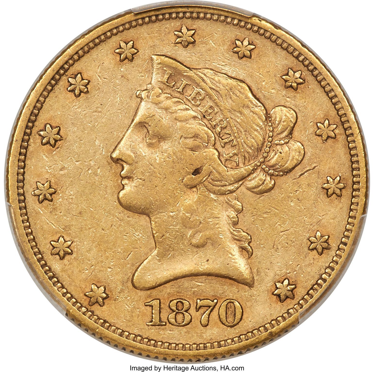 1870-CC Ten Dollar XF45 PCGS. CAC. Variety 1-B