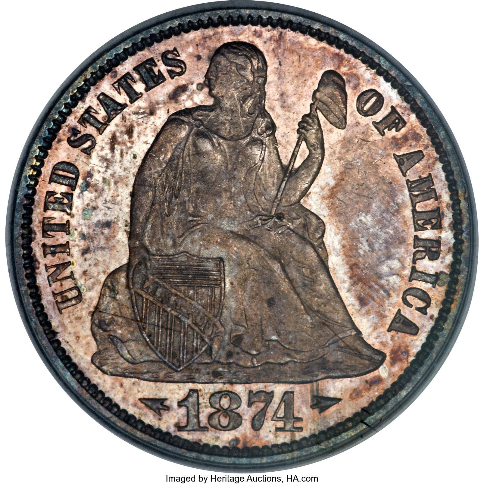 1874 CC arrows Seated Liberty Dime image courtesy of Heritage Auctions, HA.com