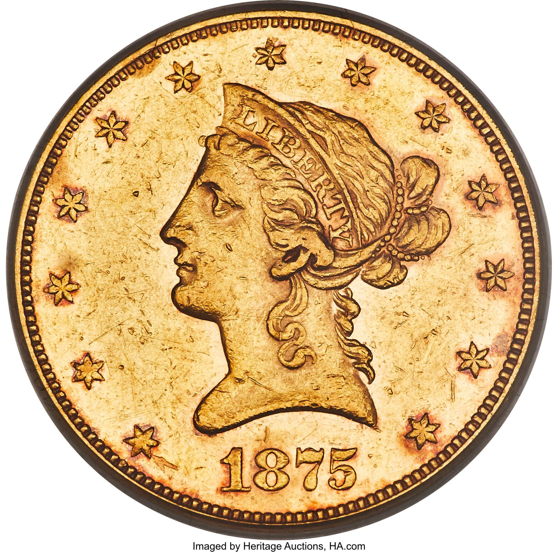 1875 ten dollar gold piece offered by Heritage Auctions, HA.com