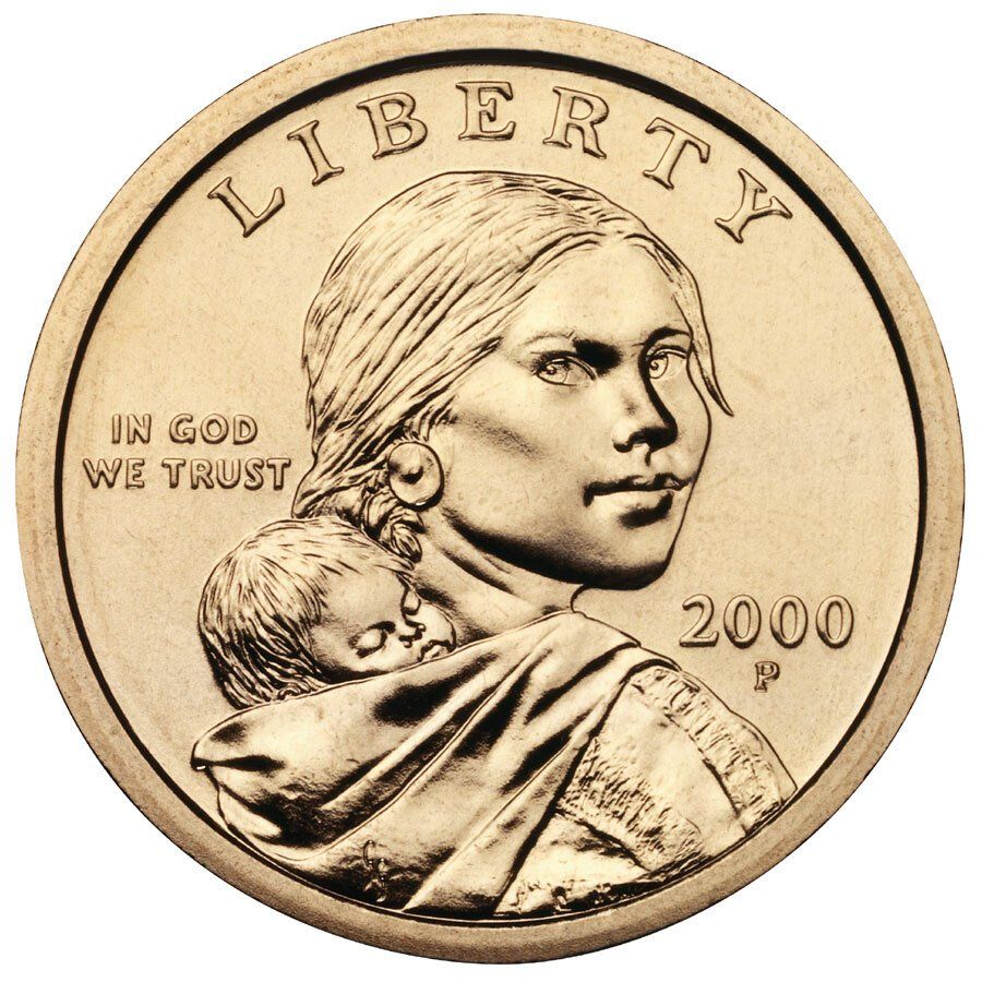 Obverse of the 2000 P Sacagawea Dollar Coin depicts Sacagawea carrying her infant son, Jean Baptiste.