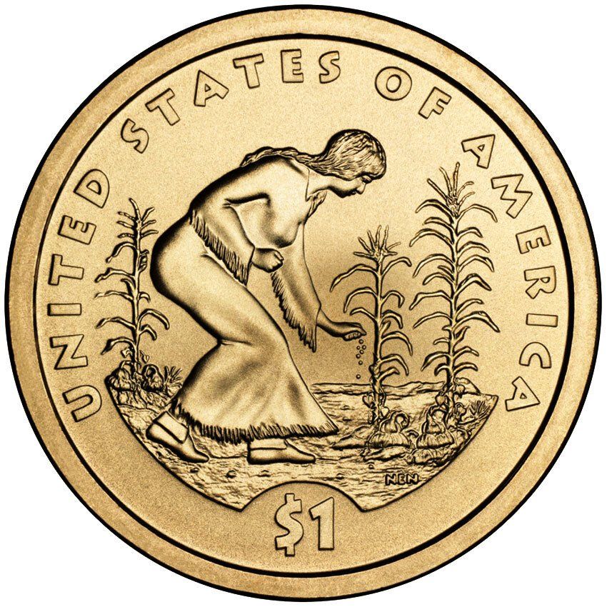 2009 Native American $1 coin reverse depicts a Native American woman planting seeds in a field of corn, beans, and squash.