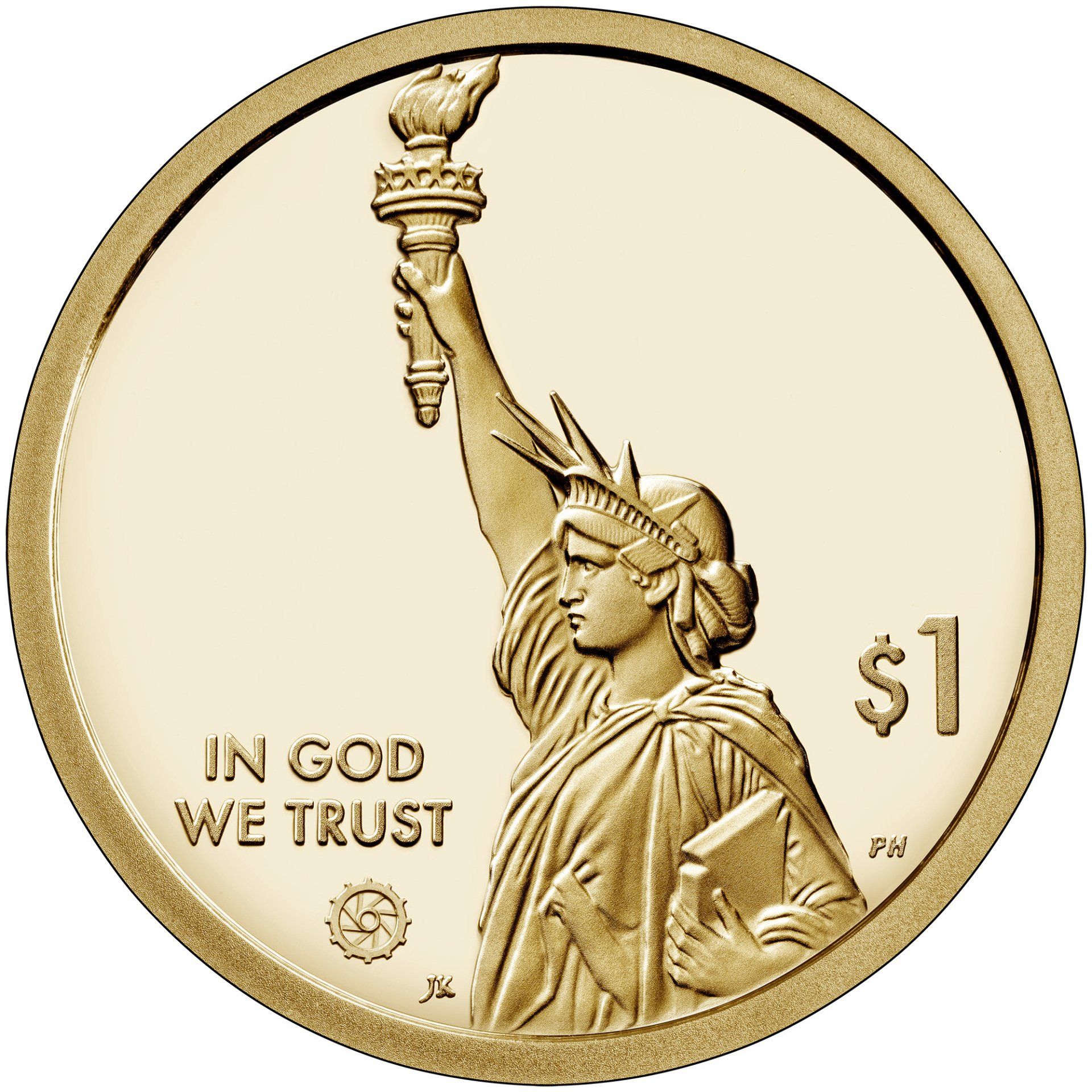 obverse design of the American Innovation $1 coin shows a representation of the Statue of Liberty in profile. The obverse also includes a privy mark of a stylized gear, representing industry and innovation.