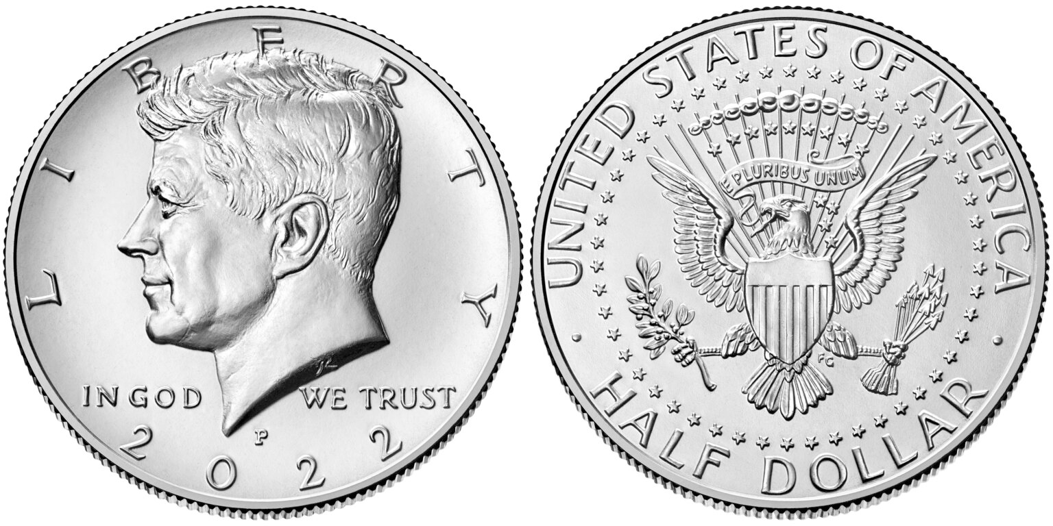 The obverse and reverse of the U.S. Kennedy Half Dollar