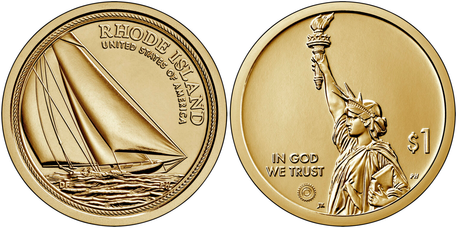The obverse and reverse of the Rhode Island American Innovation Dollar Coin