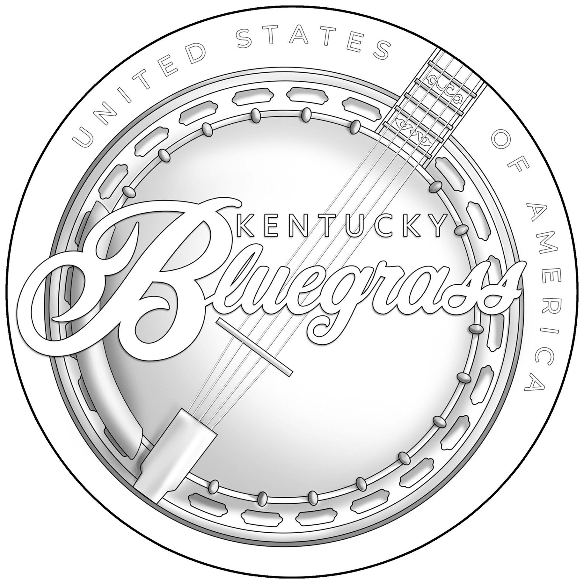 Reverse design of the Kentucky American Innovation coin shows a banjo, an important bluegrass instrument. It is tilted to one side, alluding to the rhythm and movement of the music.